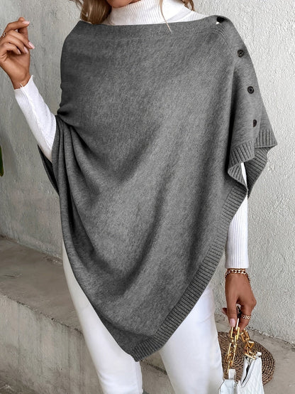 Damen Poncho – Soft Knit – Lockerer Schnitt – Knopfleiste – Gerippte Abschlüsse