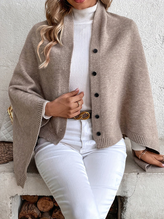Damen Poncho – Soft Knit – Lockerer Schnitt – Knopfleiste – Gerippte Abschlüsse