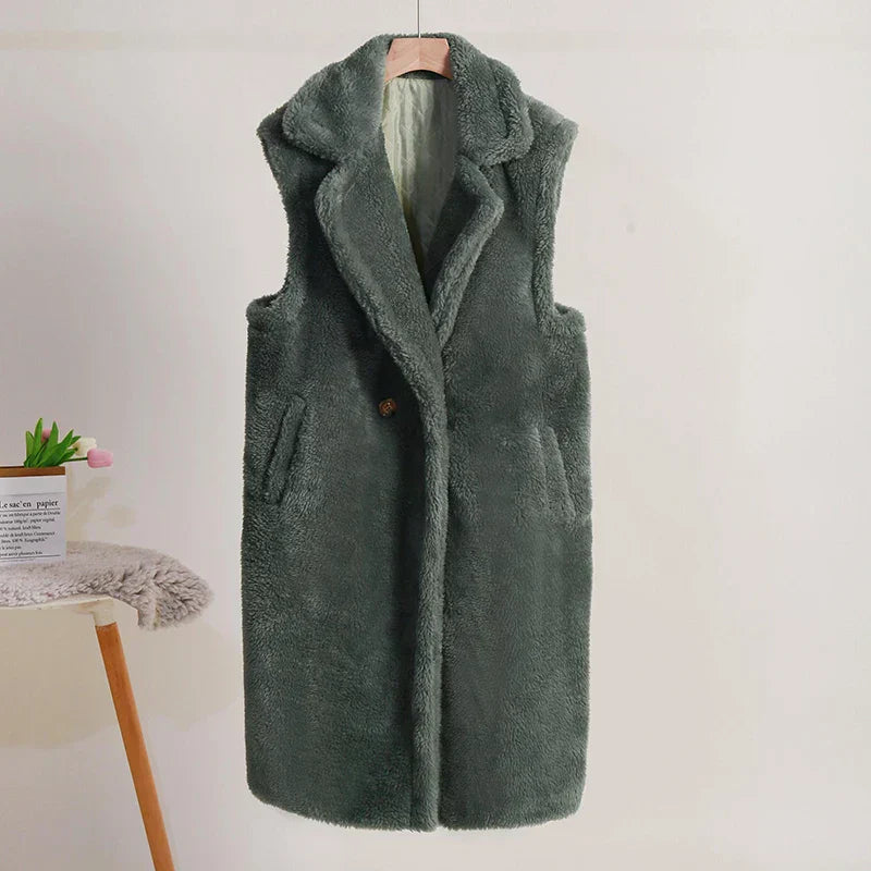 Damen Ärmelloser Mantel – Teddyfell – Oversize Passform – Mittellang – Großer Reverskragen