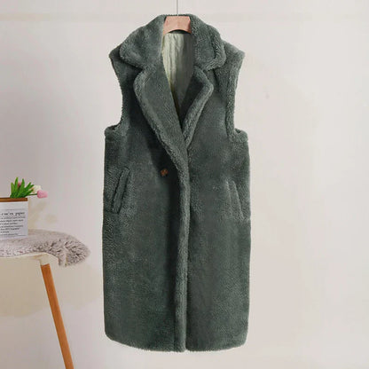Damen Ärmelloser Mantel – Teddyfell – Oversize Passform – Mittellang – Großer Reverskragen