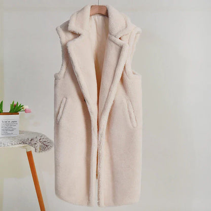 Damen Ärmelloser Mantel – Teddyfell – Oversize Passform – Mittellang – Großer Reverskragen