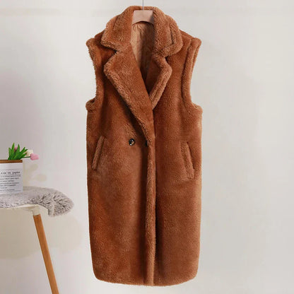 Damen Ärmelloser Mantel – Teddyfell – Oversize Passform – Mittellang – Großer Reverskragen