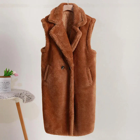 Damen Ärmelloser Mantel – Teddyfell – Oversize Passform – Mittellang – Großer Reverskragen