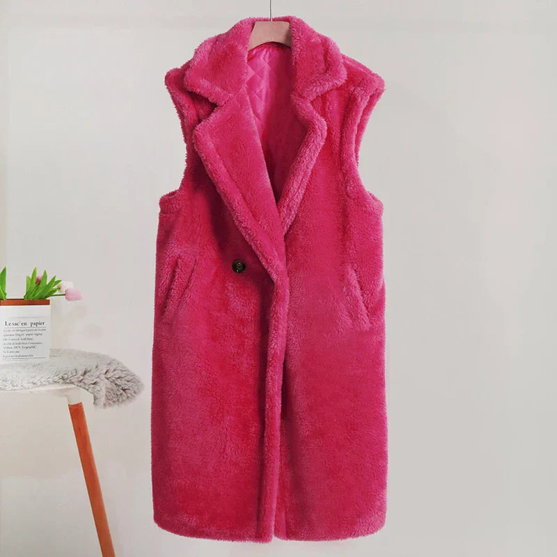 Damen Ärmelloser Mantel – Teddyfell – Oversize Passform – Mittellang – Großer Reverskragen