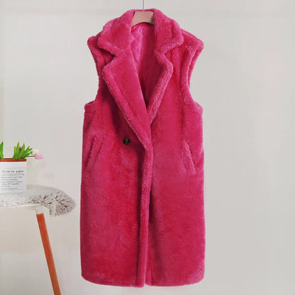 Damen Ärmelloser Mantel – Teddyfell – Oversize Passform – Mittellang – Großer Reverskragen
