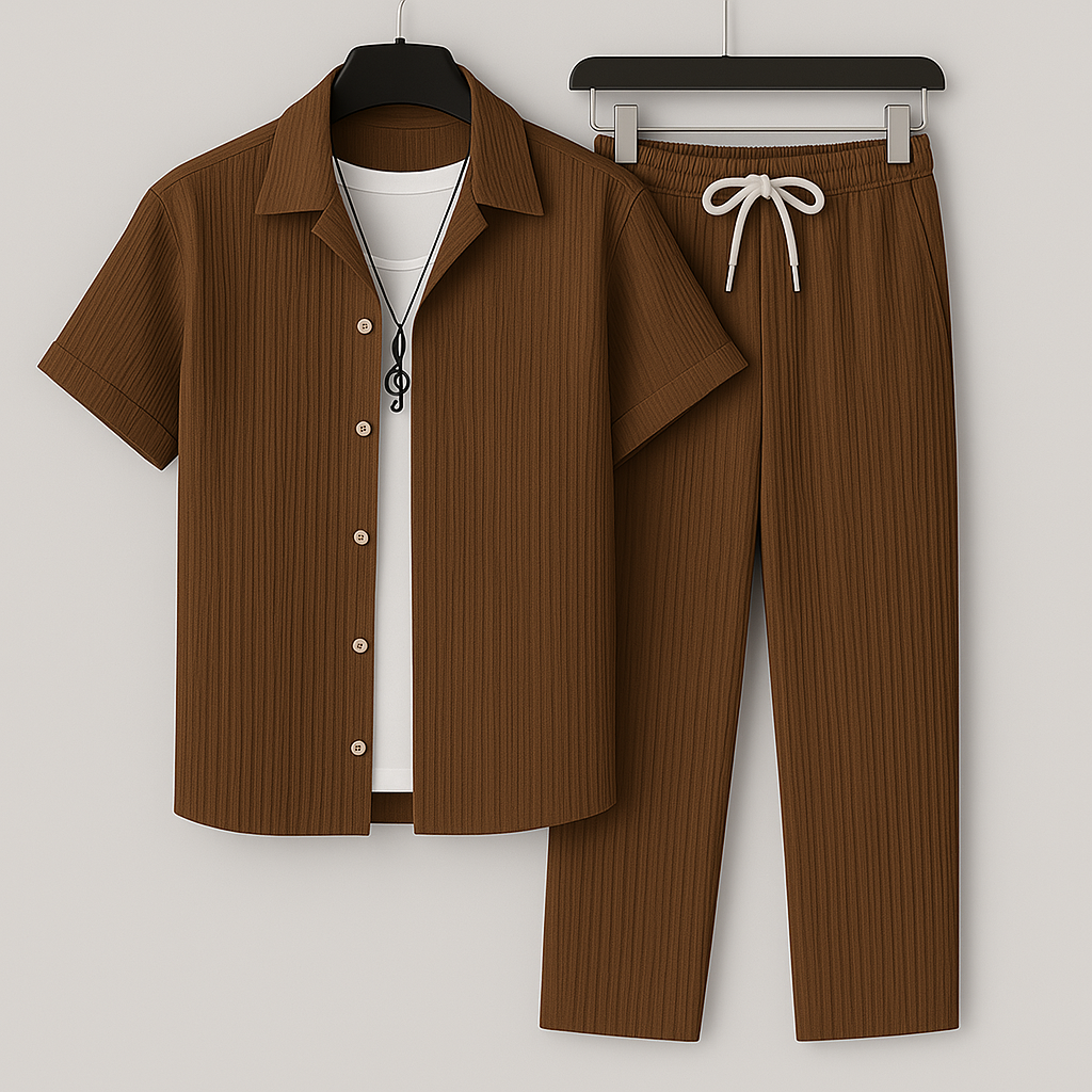 Herren Zweiteiler Set – Entspannter Schnitt – Kurzarm Hemd – Kordelzug Hose – Naturfasern