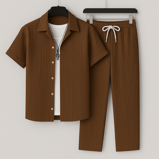 Herren Zweiteiler Set – Entspannter Schnitt – Kurzarm Hemd – Kordelzug Hose – Naturfasern