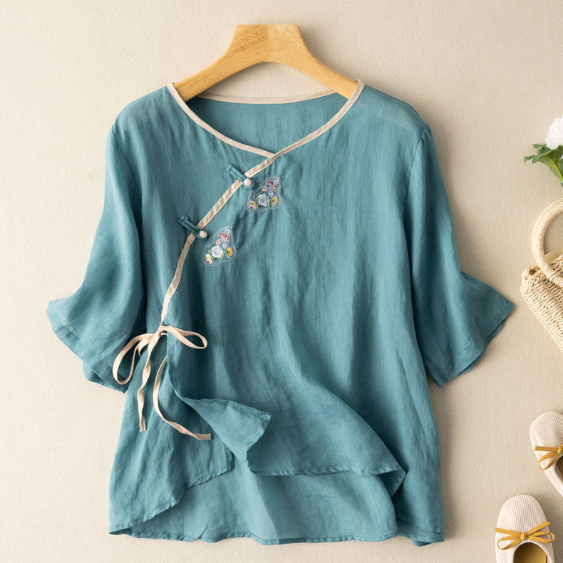 Damen Bluse – Lockere Passform – Bestickt – Atmungsaktives Gewebe – Frontknoten