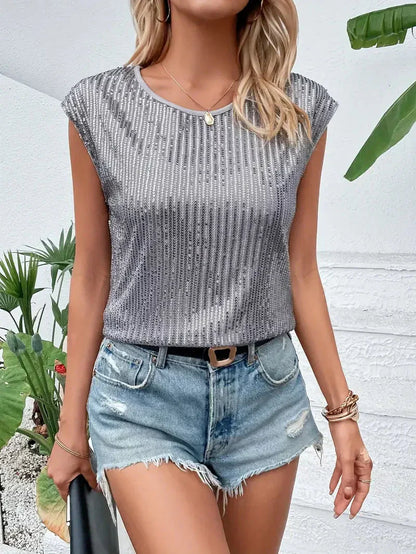 Damen Bluse – Relaxed Fit – Luxus Stoff – Pailletten – Cap Ärmel – Rundhals