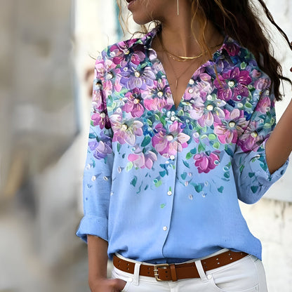 Damen Bluse – Relaxed Fit – Atmungsaktiver Stoff – Patchwork Muster – Langarm Hemdbluse
