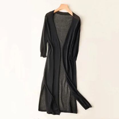 Damen Strickcardigan – Weicher Stoff – Offene Front – 3/4 Ärmel – Langer Schnitt