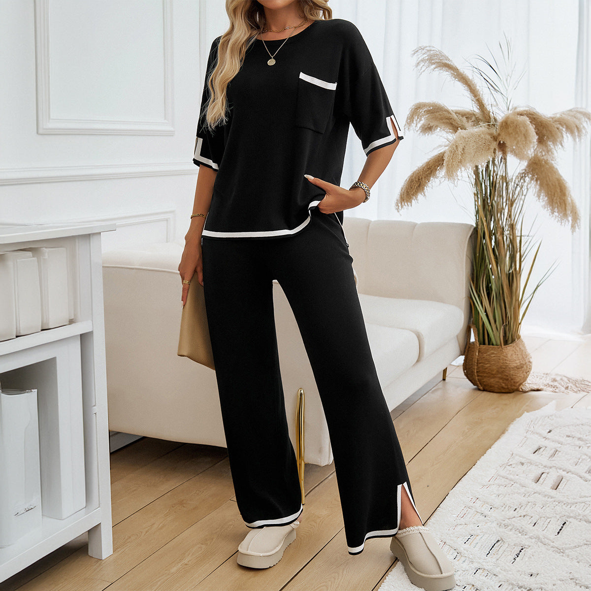 Damen Lounge Set – Strick – Relaxed Fit – Weites Bein – Kontrastdetails