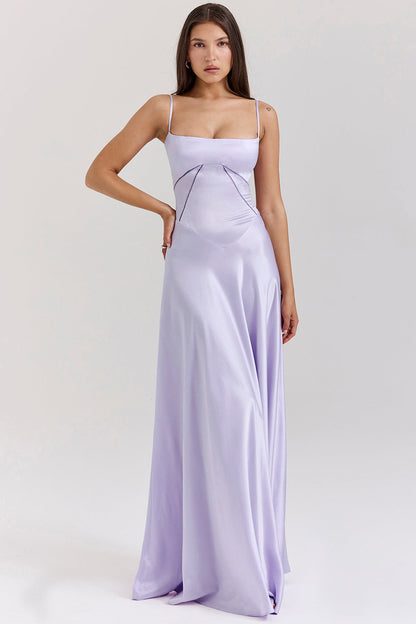 Damen Abendkleid – A-Linie – Luxusstoff – Spaghettiträger – Cut-Out Taille – Lang