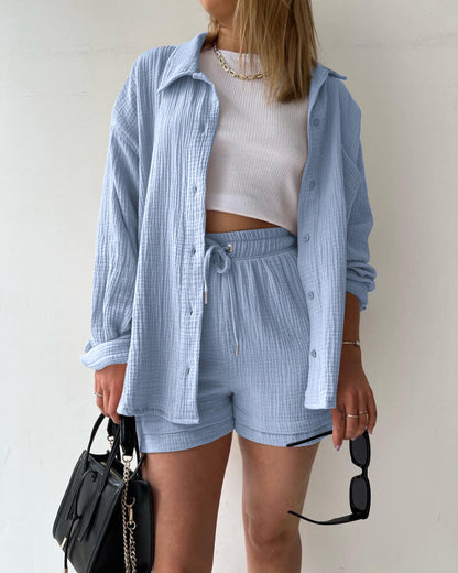 Damen Zweiteiler Set – Oversize Crinkle Hemd – High Waist Shorts mit Kordelzug