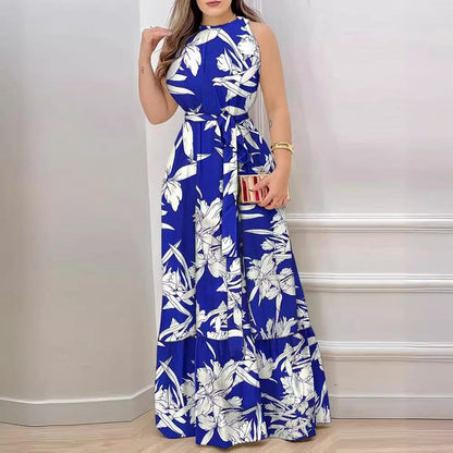 Damen Maxikleid – Halterneck – Blumenmuster – Rüschen-Saum – Taillenbindung – Elegante Passform