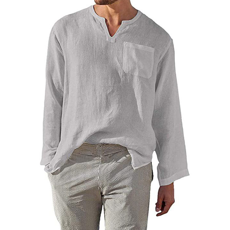 Herren Langarmhemd – Relaxed Fit – Natürliche Fasern – Stehkragen – Brusttasche