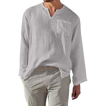 Herren Langarmhemd – Relaxed Fit – Natürliche Fasern – Stehkragen – Brusttasche