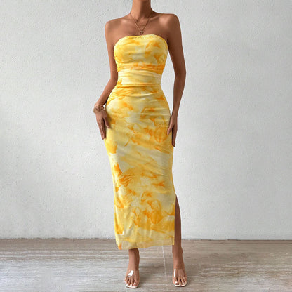 Damen Maxikleid – Schlanker Schnitt – Trägerlos – Mesh-Look – Seitlicher Schlitz