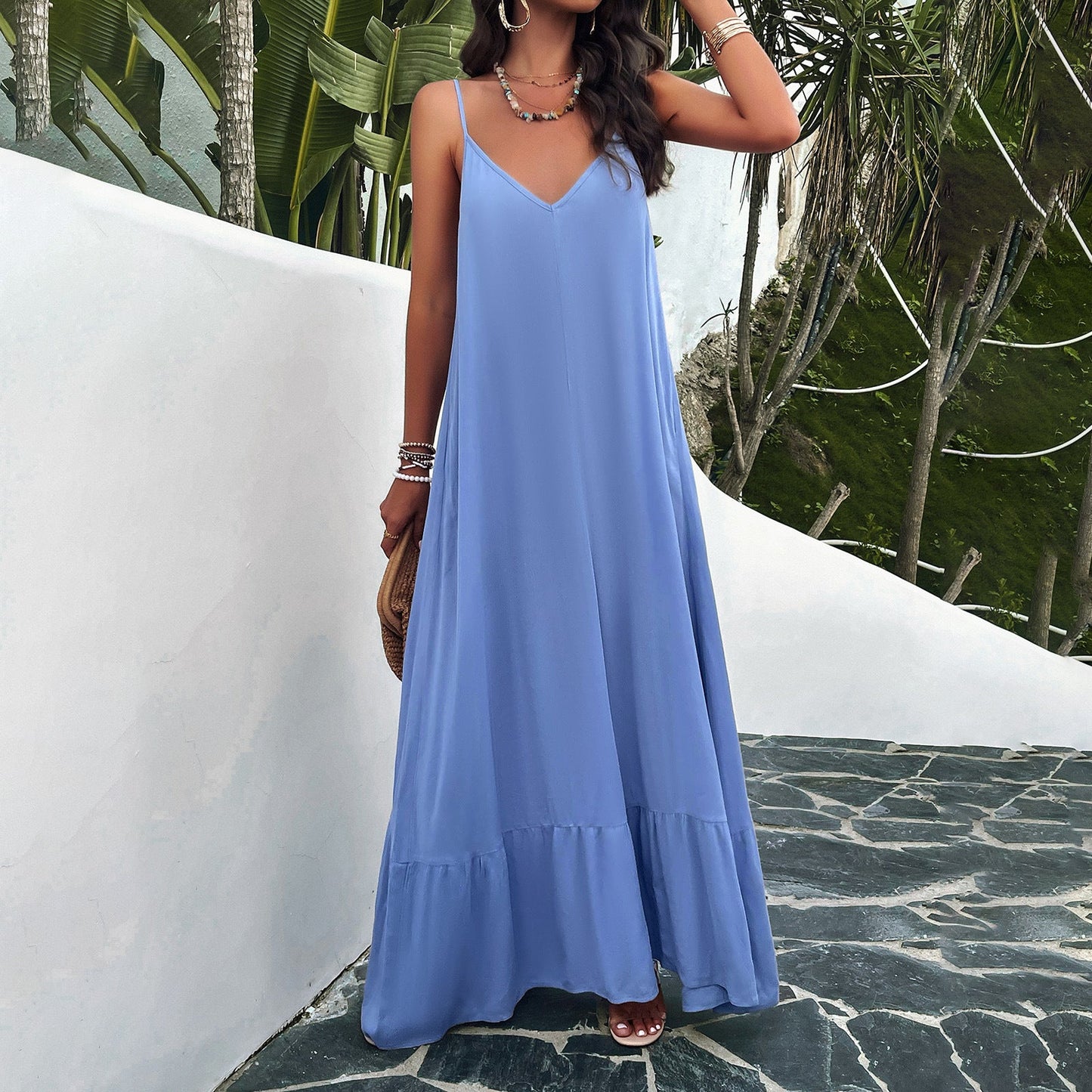 Damen Maxikleid – A-Linie – V-Ausschnitt – Spitzendetails – Leichter Baumwollmix