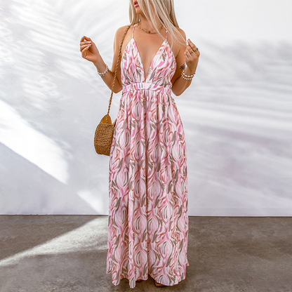 Damen Maxi Kleid – Blumenmuster – Tiefer V-Ausschnitt – Atmungsaktiv – Lockerer Schnitt