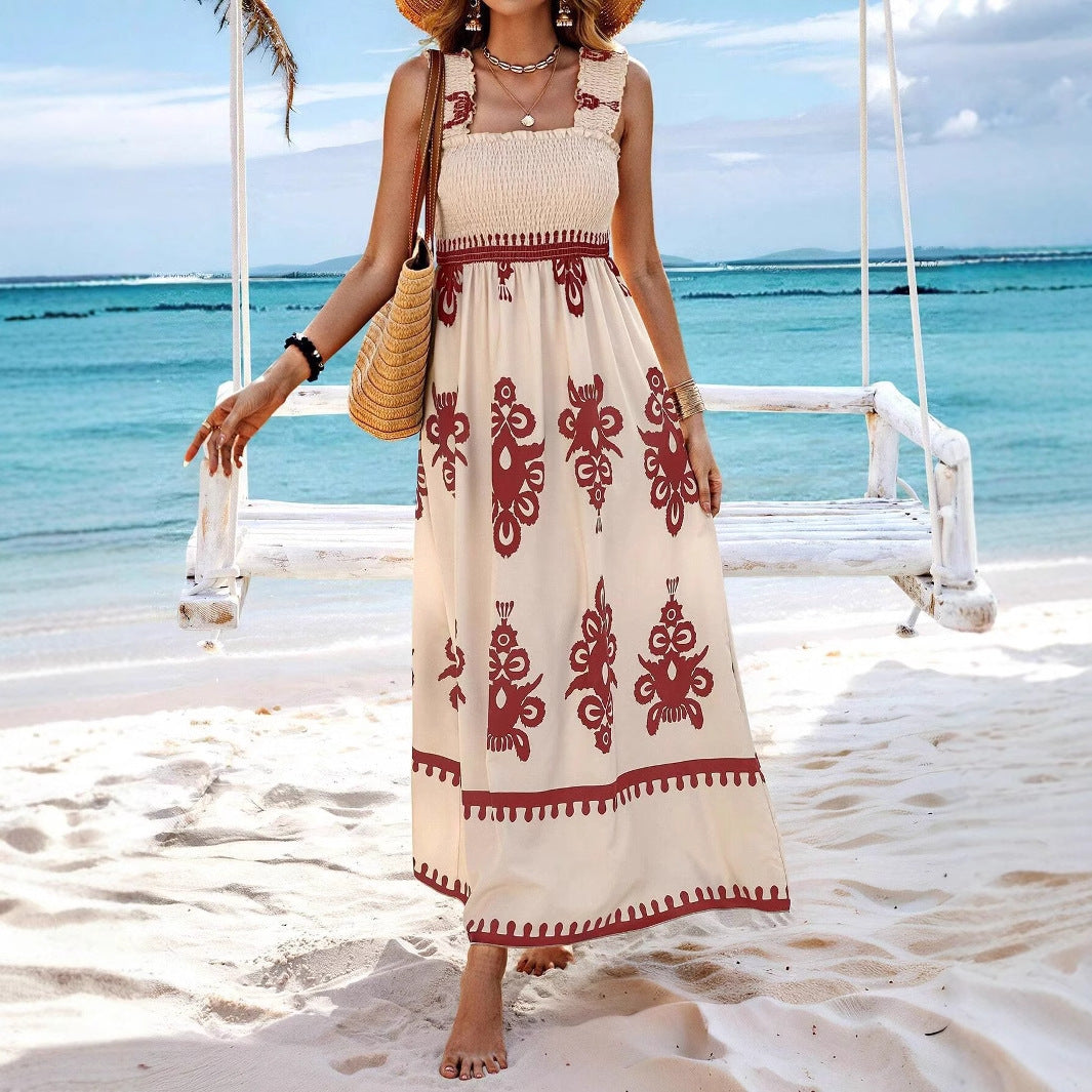 Damen Maxikleid – Schulterfrei mit Wickeloberteil – Luftiger Schnitt – Printdesign