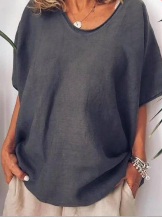 Damen T-Shirt – Linnen Baumwollmix – Lockerer Schnitt – V-Ausschnitt Kurzarm