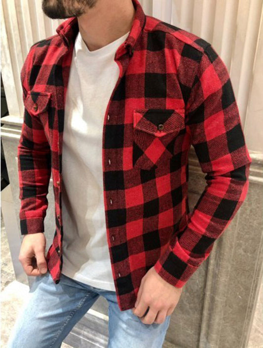 Herren Freizeithemd – Kariert – Lockere Passform – Leinen-Baumwollmix – Langarm mit Taschen