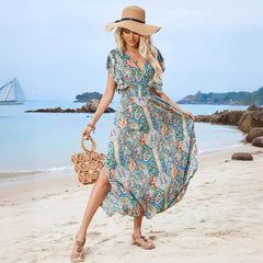 Damen Maxikleid – Boho-Stil – Tiefer V-Ausschnitt – Voluminöse Ärmel – Atmungsaktive Mischung
