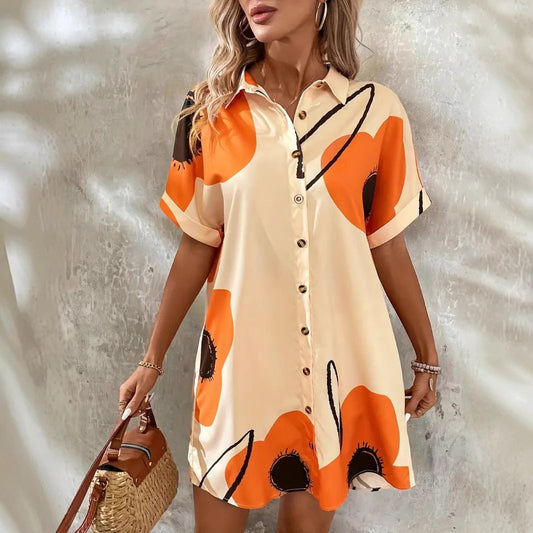Women’s Shift Dress – Button Front – Rolled Short Sleeve – Floral Print – Relaxed Fit