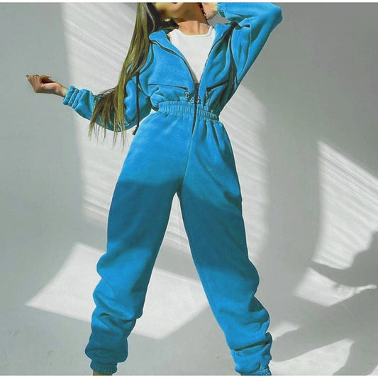Damen Jumpsuit – Relaxed Fit – Baumwollmix – Kapuze – Reißverschluss – Bündchenabschluss