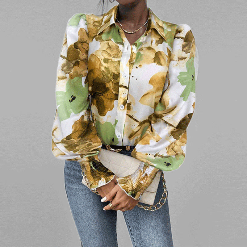 Damen Bluse – Oversized Fit – Puffärmel – Blumendruck – Smockbündchen
