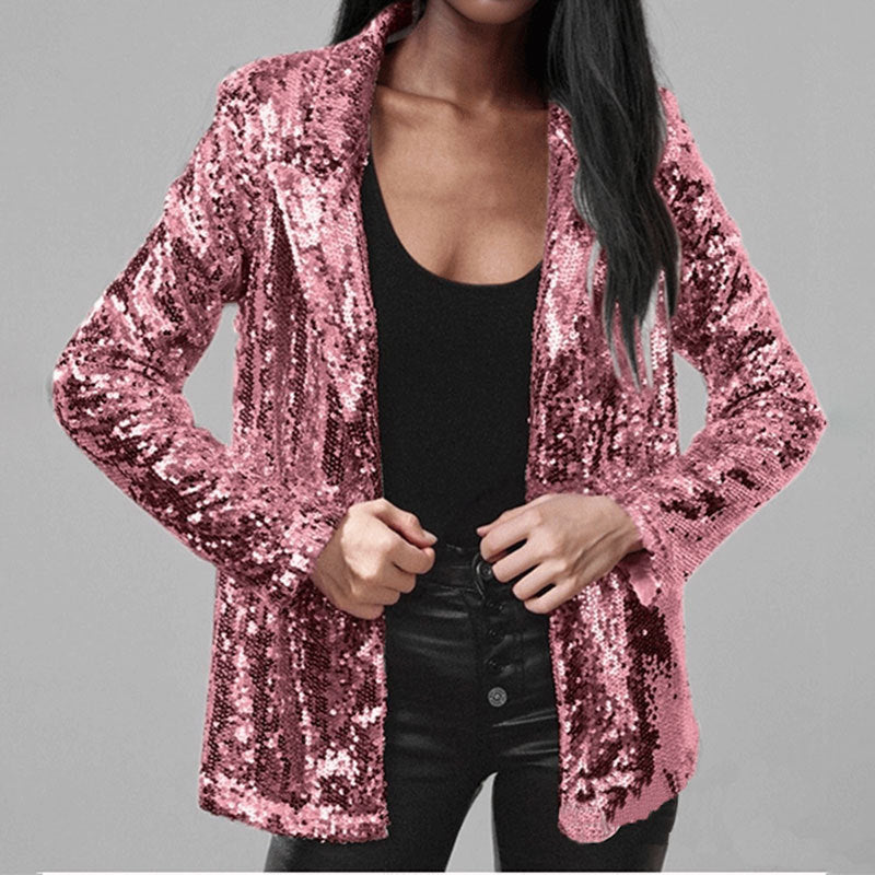 Damen Blazer – Taillierter Schnitt – Paillettenstoff – Offene Front – Lange Ärmel