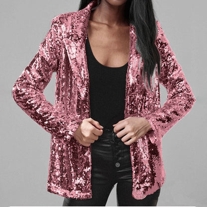 Damen Blazer – Taillierter Schnitt – Paillettenstoff – Offene Front – Lange Ärmel