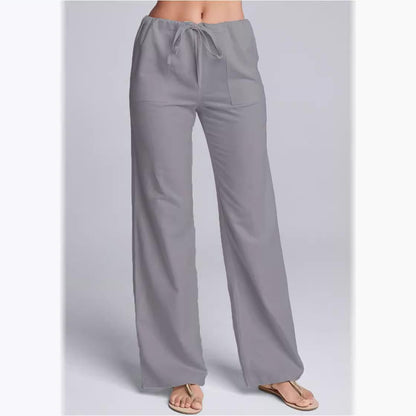 Damen Freizeithose – Lockerer Schnitt – Baumwoll-Leinen – Kordelzug – Lang