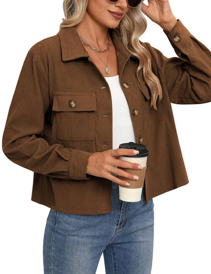 Damen Utility-Jacke – Lockere Passform – Gerippte Struktur – Knopfleiste – Brusttaschen