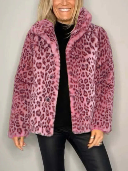 Damen Mantel – Kunstfell – Oversize Passform – Reverskragen – Leopardenmuster