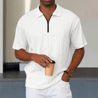Herren Poloshirt – Relaxed Fit – Soft Knit – Zip-Kragen – Kabelstrickmuster