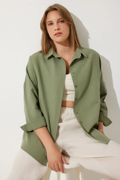 Damen Bluse – Oversized Fit – Baumwollmix – Lange Ärmel – Button-Down Kragen