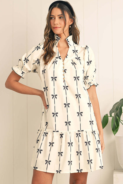 Damen A-Linienkleid – Natürliche Fasern – Puffärmel – Schleifenmuster – Kurz丈