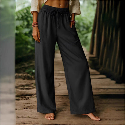 Damen Weite Hose – Baumwoll Leinen – Lockerer Schnitt – Elastischer Bund mit Taschen