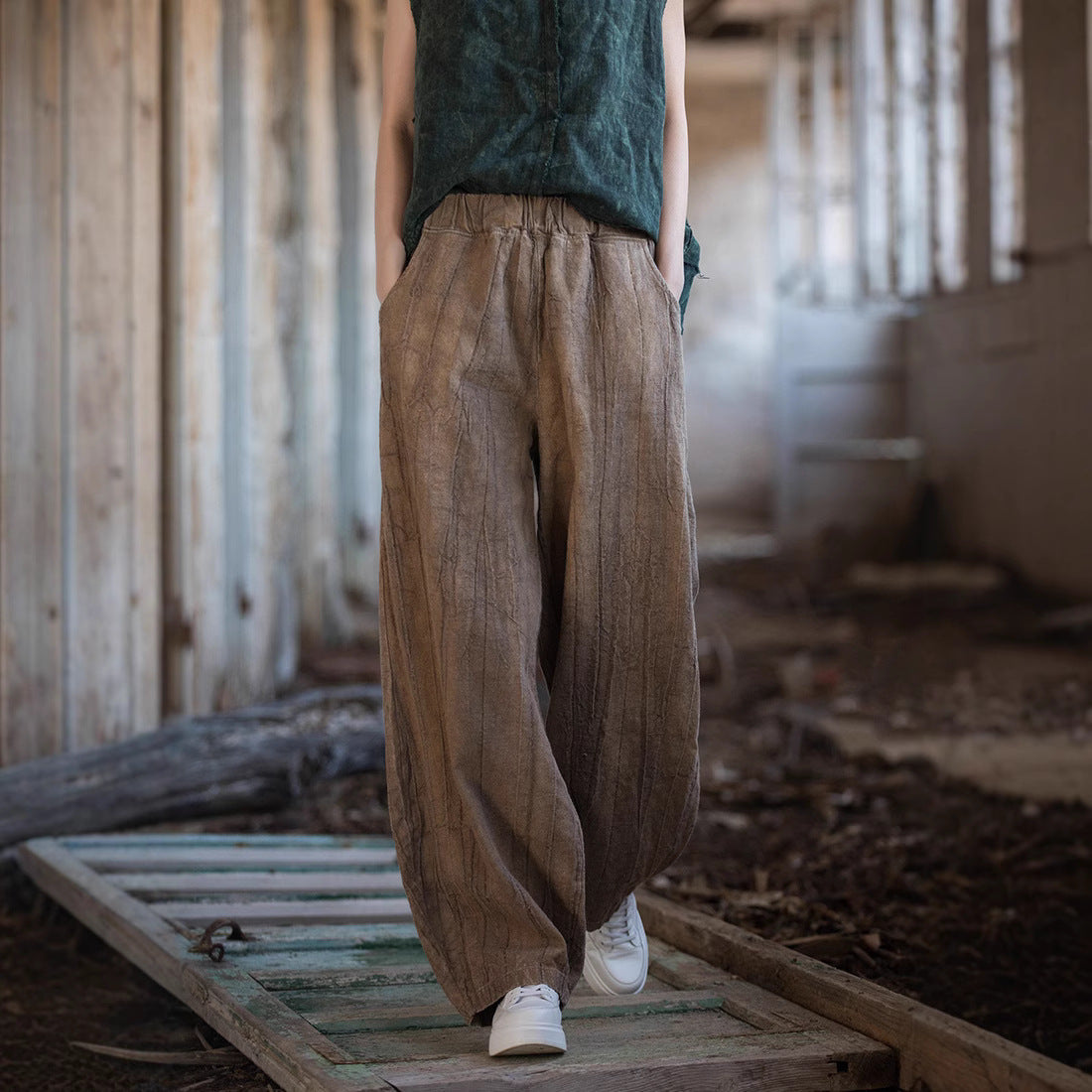 Damenhose – Lockerer Schnitt – Linnen-Baumwollmix – Elastischer Bund – Laternschnitt