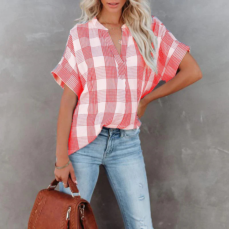 Damen Bluse – Lockerer Schnitt – Kariertes Muster – V-Ausschnitt – Baumwolle
