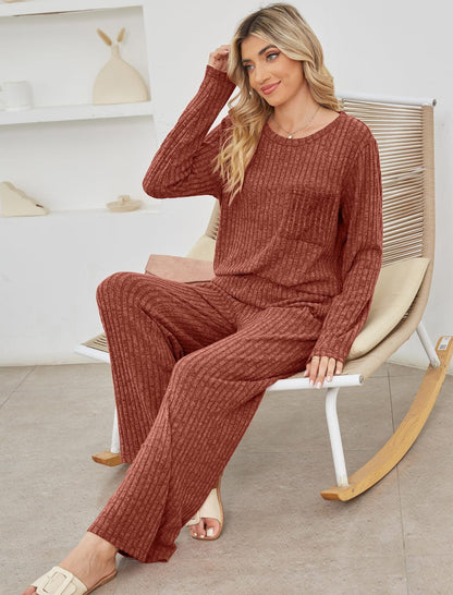 Damen Lounge Set – Strickdesign – Gerippte Struktur – Lockerer Schnitt – Langarmtop und Hose