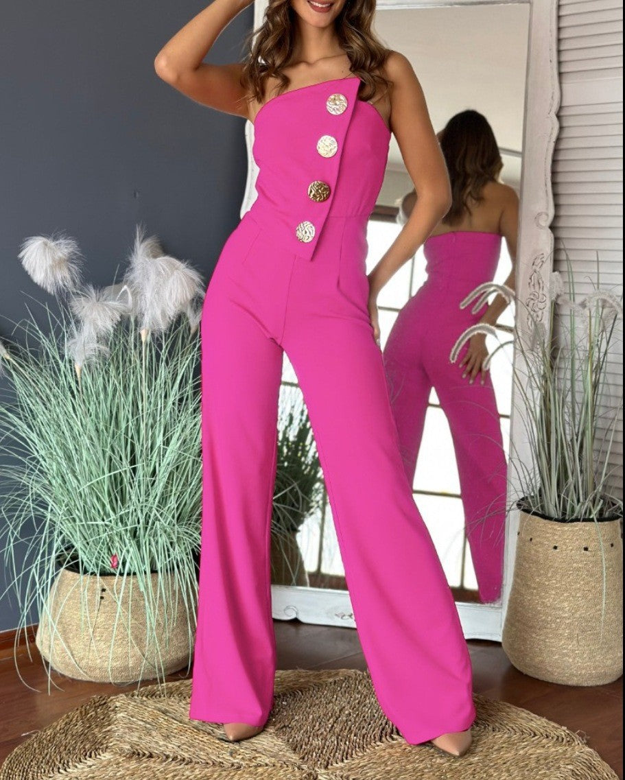 Damen Jumpsuit – One-Shoulder Design – Slim Fit Oberteil – Weites Bein – Knopfdetails