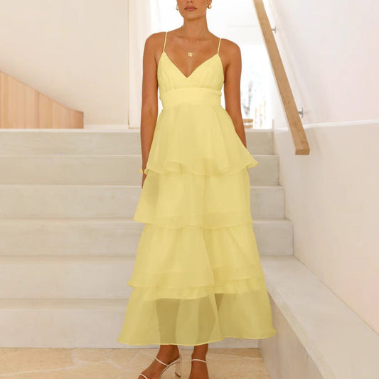 Damen Maxikleid – Luftiger Schnitt – Stufige Rüschen – V-Ausschnitt – Spaghettiträger
