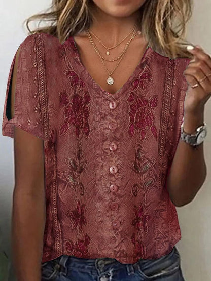Damen Bluse – Lockerer Schnitt – V-Ausschnitt – Boho Stickerei – Atmungsaktives Gewebe