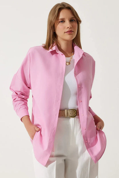 Damen Bluse – Oversized Fit – Baumwollmix – Lange Ärmel – Button-Down Kragen