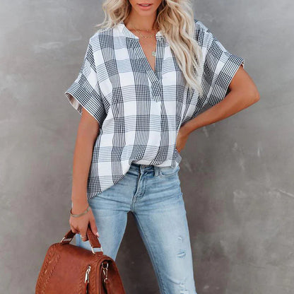 Damen Bluse – Lockerer Schnitt – Kariertes Muster – V-Ausschnitt – Baumwolle