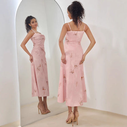 Damen Midi Kleid – A-Linie – Strappy Design – Raffung – Florales Muster – Luxus Stoff