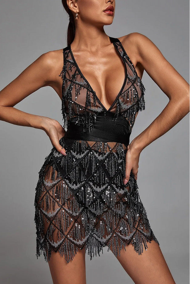 Damen Midikleid – Figurbetont – V-Ausschnitt – Pailletten mit Quasten – Geometrisch